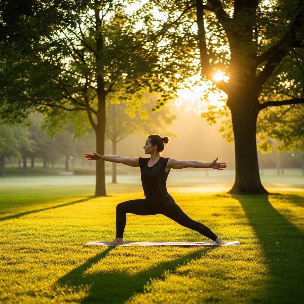 Femme pratiquant le yoga au lever du soleil dans un parc verdoyant, en posture de guerrier, entourée d'une végétation luxuriante baignée d'une lumière dorée matinale et de brume légère