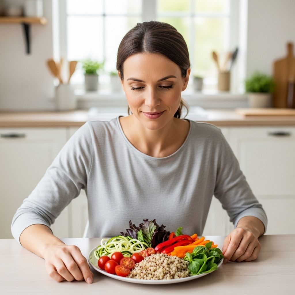 Femme assise à une table en bois dans une cuisine lumineuse, observant attentivement son assiette colorée remplie de légumes frais et de céréales complètes, dans une atmosphère calme et sereine