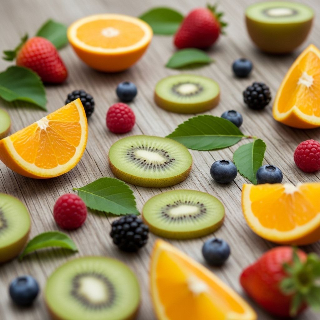 Assortiment de légumes et fruits frais colorés disposés sur un fond de bois naturel — oranges tranchées, kiwis, baies et feuilles d'épinards — illustrant les sources alimentaires naturelles de vitamines et minéraux