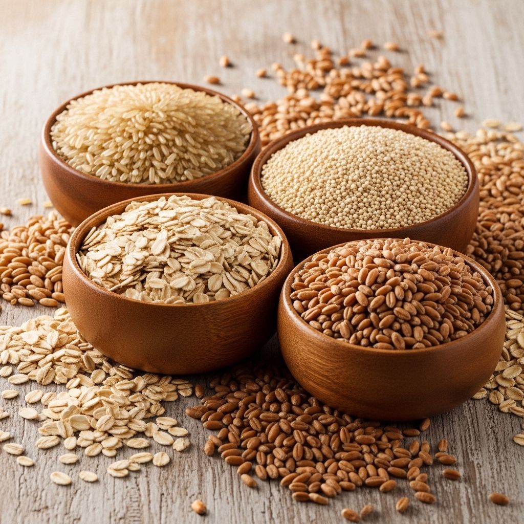 Assortiment de céréales complètes et de graines — riz brun, quinoa, avoine et blé — dans des bols en bois sur une surface texturée, photographiés avec un éclairage naturel chaud