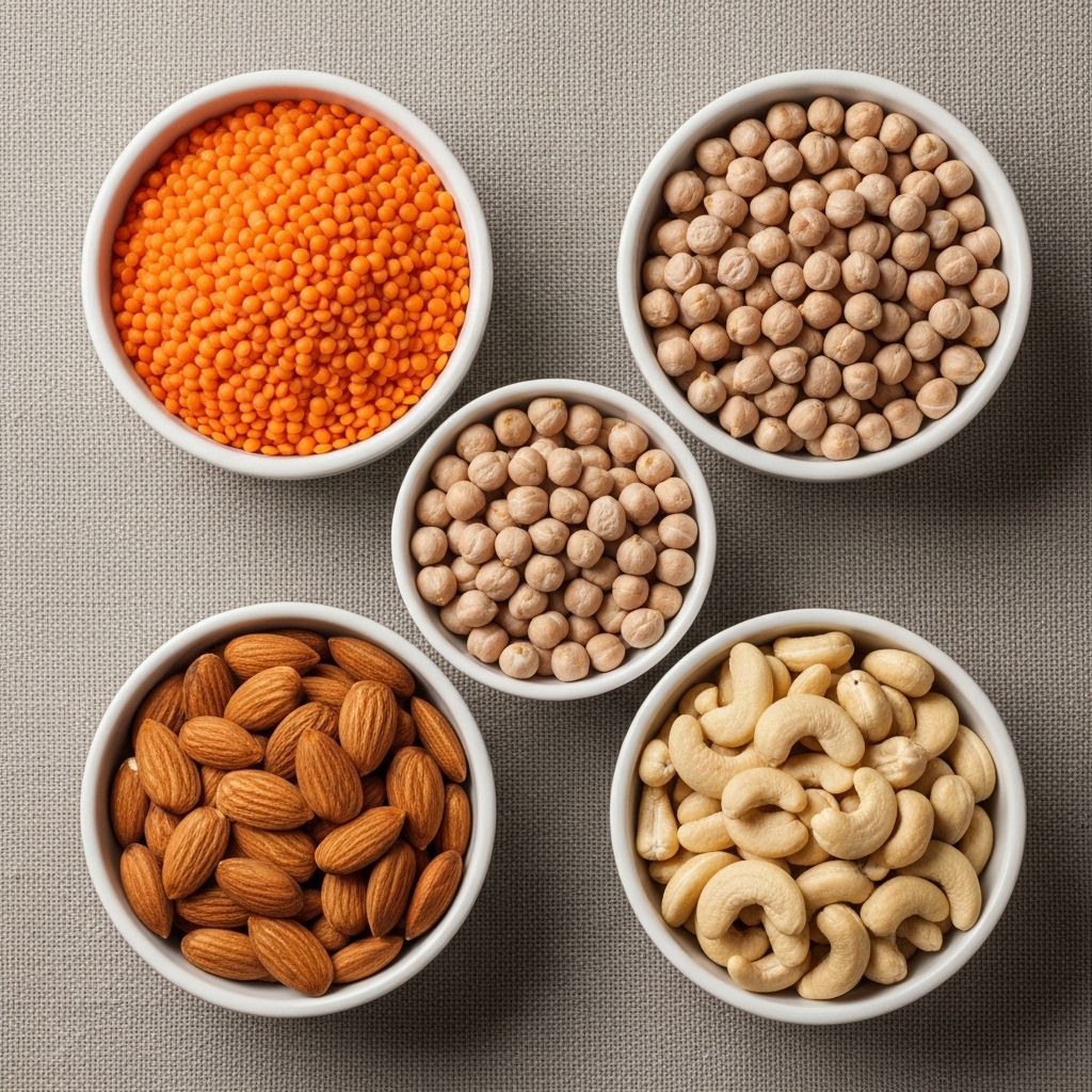 Assortiment de légumineuses et de noix diverses — lentilles corail, pois chiches, amandes et noix de cajou — disposés dans des bols en céramique blanche sur fond de lin naturel