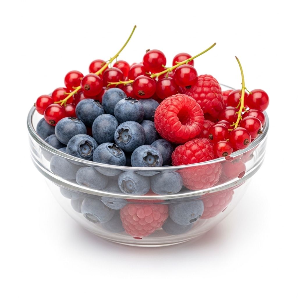 Assortiment de baies fraîches colorées — myrtilles, framboises et groseilles — dans un bol en verre transparent sur fond blanc épuré, illustrant les sources naturelles de micronutriments et de vitamines